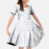 Samoa Siapo Blue Trimmed Kid Short Sleeve Dress Samoa White Sunday - Polynesian Pride