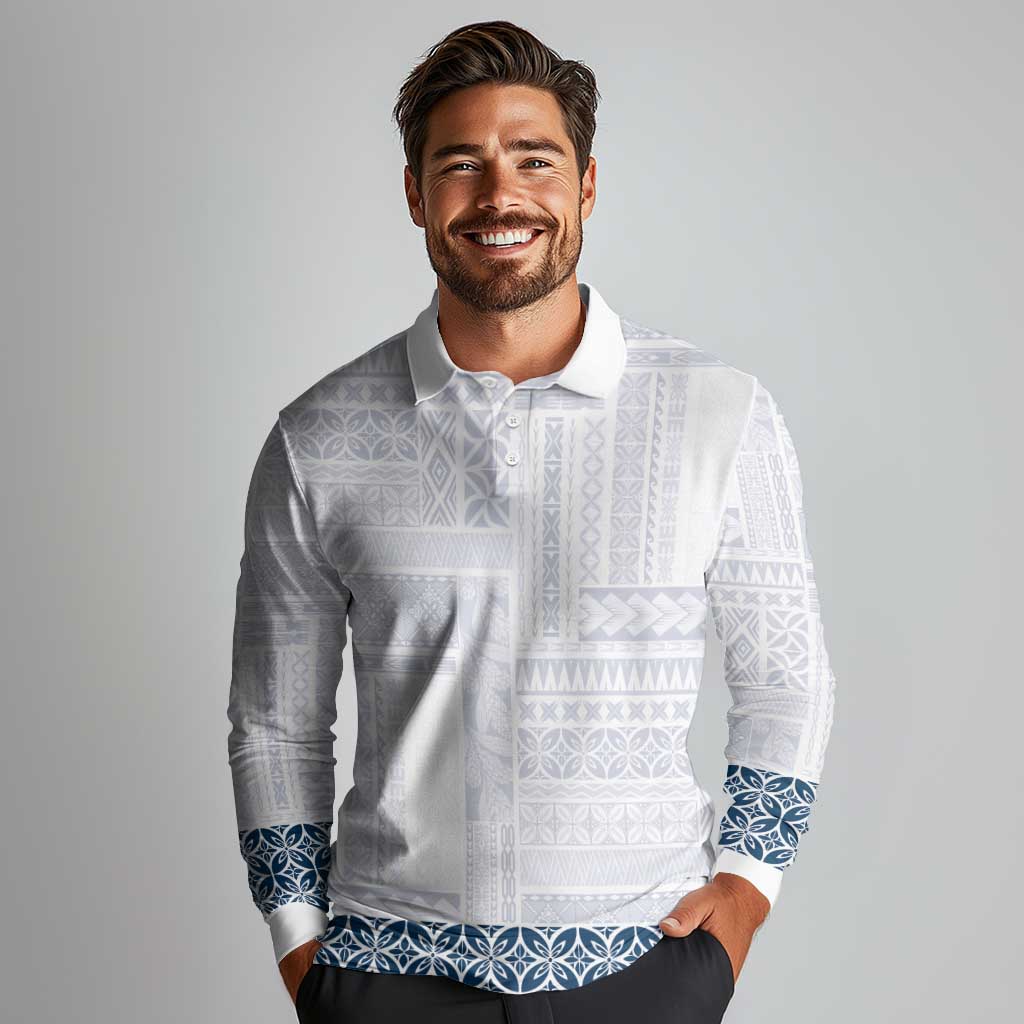 Samoa Siapo Blue Trimmed Long Sleeve Polo Shirt Samoa White Sunday - Polynesian Pride