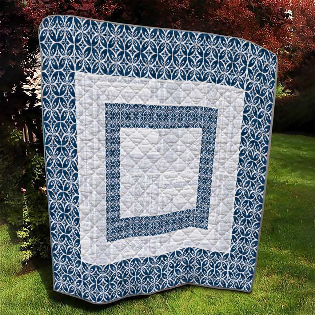 Samoa Siapo Blue Trimmed Quilt Samoa White Sunday - Polynesian Pride