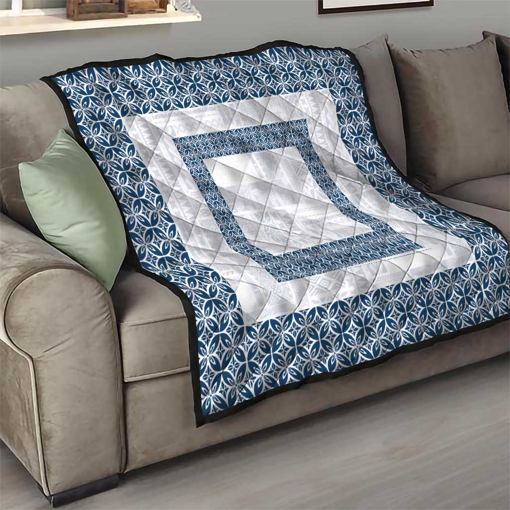 Samoa Siapo Blue Trimmed Quilt Samoa White Sunday - Polynesian Pride