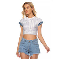 Samoa Siapo Blue Trimmed Raglan Cropped T Shirt Samoa White Sunday - Polynesian Pride