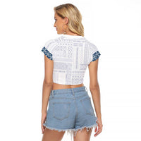 Samoa Siapo Blue Trimmed Raglan Cropped T Shirt Samoa White Sunday - Polynesian Pride