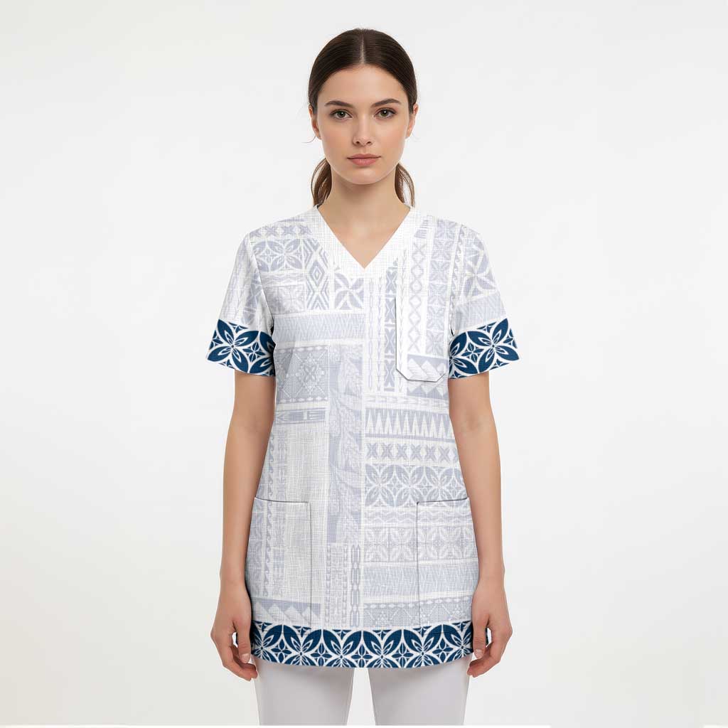 Samoa Siapo Blue Trimmed Scrub Top Samoa White Sunday - Polynesian Pride
