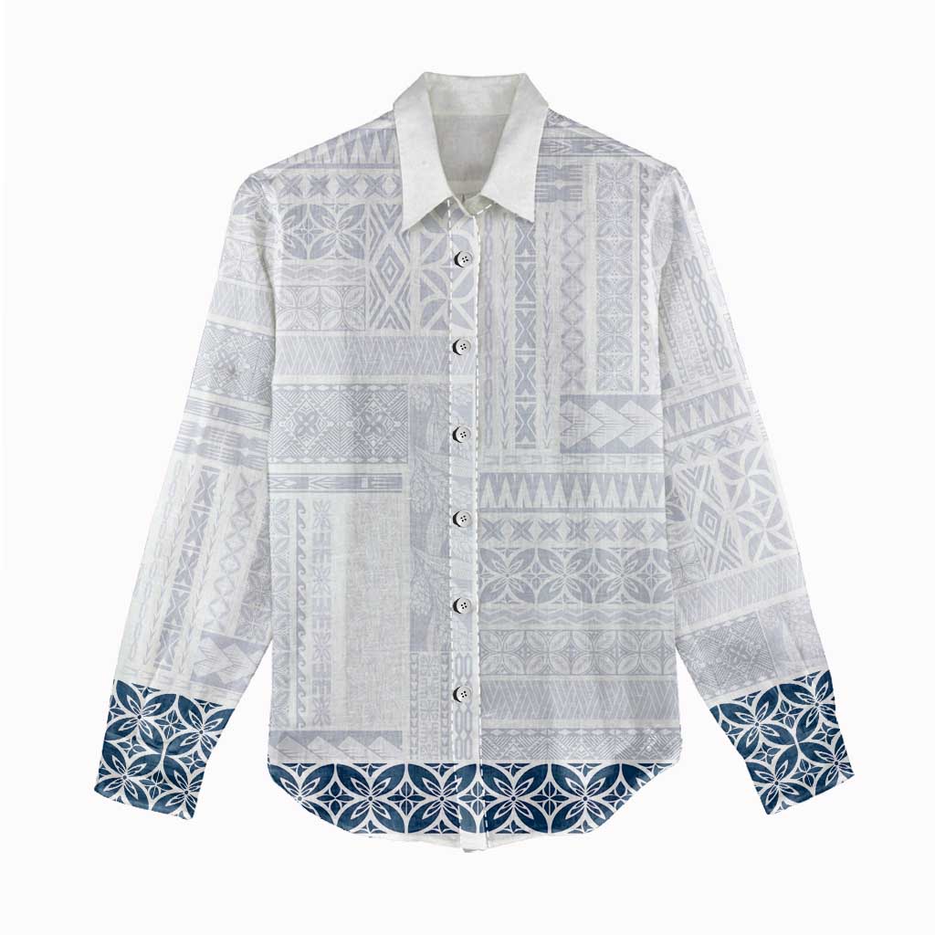Samoa Siapo Blue Trimmed Women Casual Shirt Samoa White Sunday - Polynesian Pride