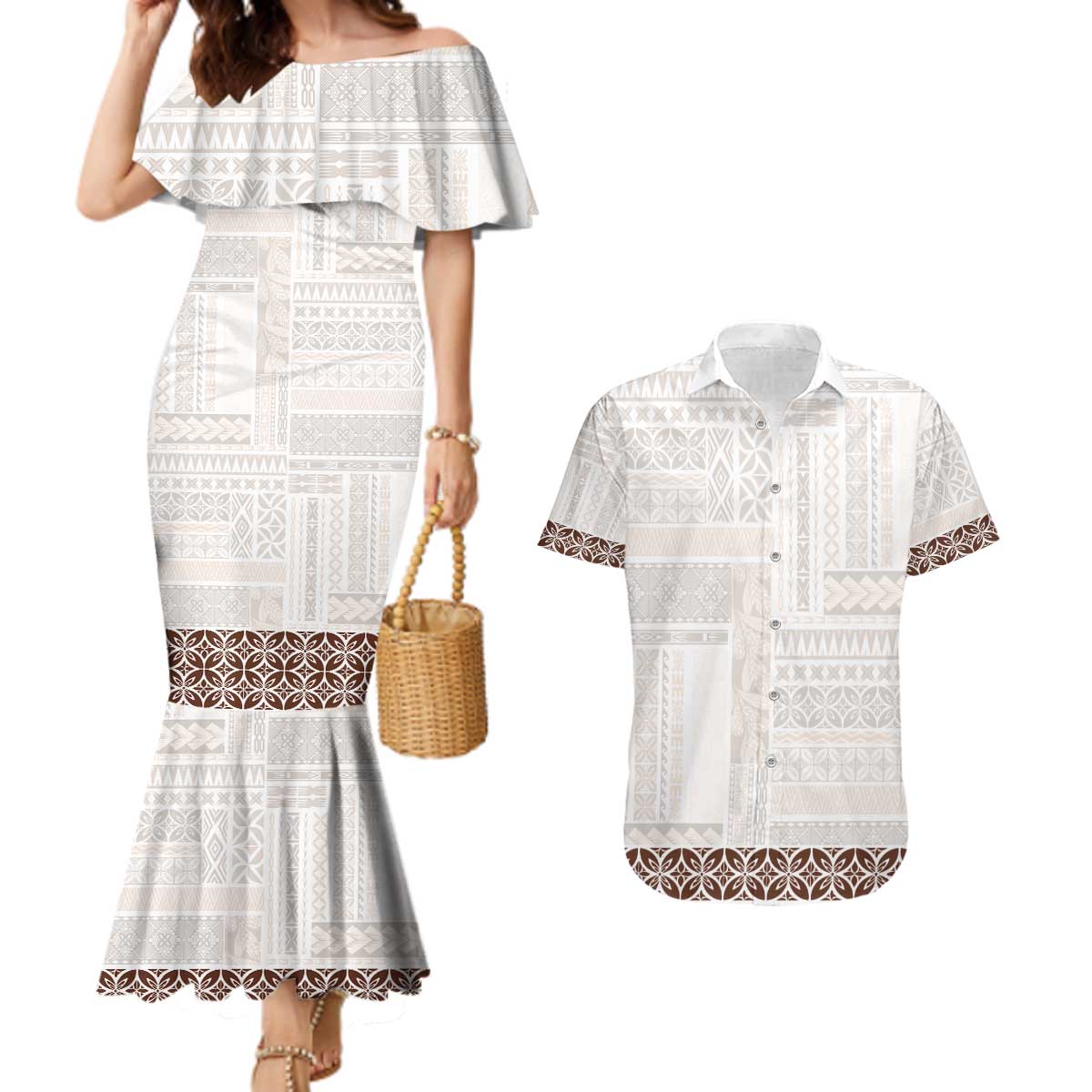 Samoa Siapo Brown Trimmed Couples Matching Mermaid Dress and Hawaiian Shirt Samoa White Sunday - Polynesian Pride
