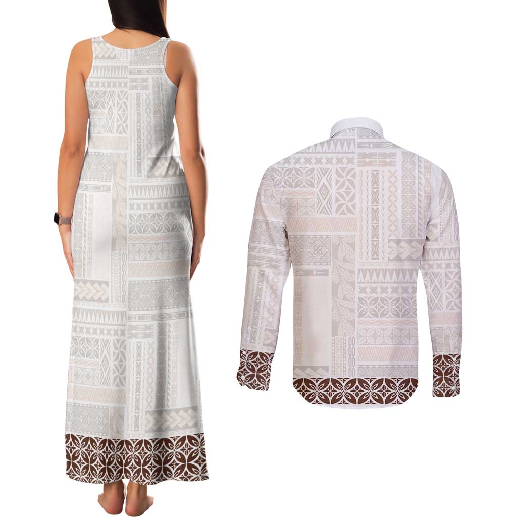 Samoa Siapo Brown Trimmed Couples Matching Tank Maxi Dress and Long Sleeve Button Shirt Samoa White Sunday - Polynesian Pride