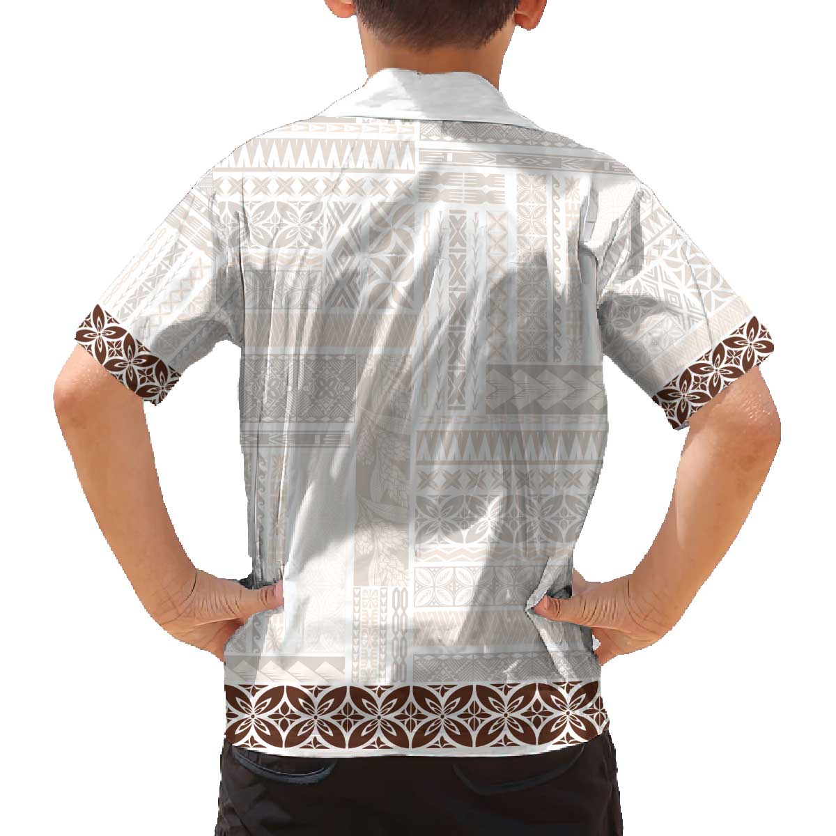 Samoa Siapo Brown Trimmed Family Matching Off The Shoulder Long Sleeve Dress and Hawaiian Shirt Samoa White Sunday - Polynesian Pride