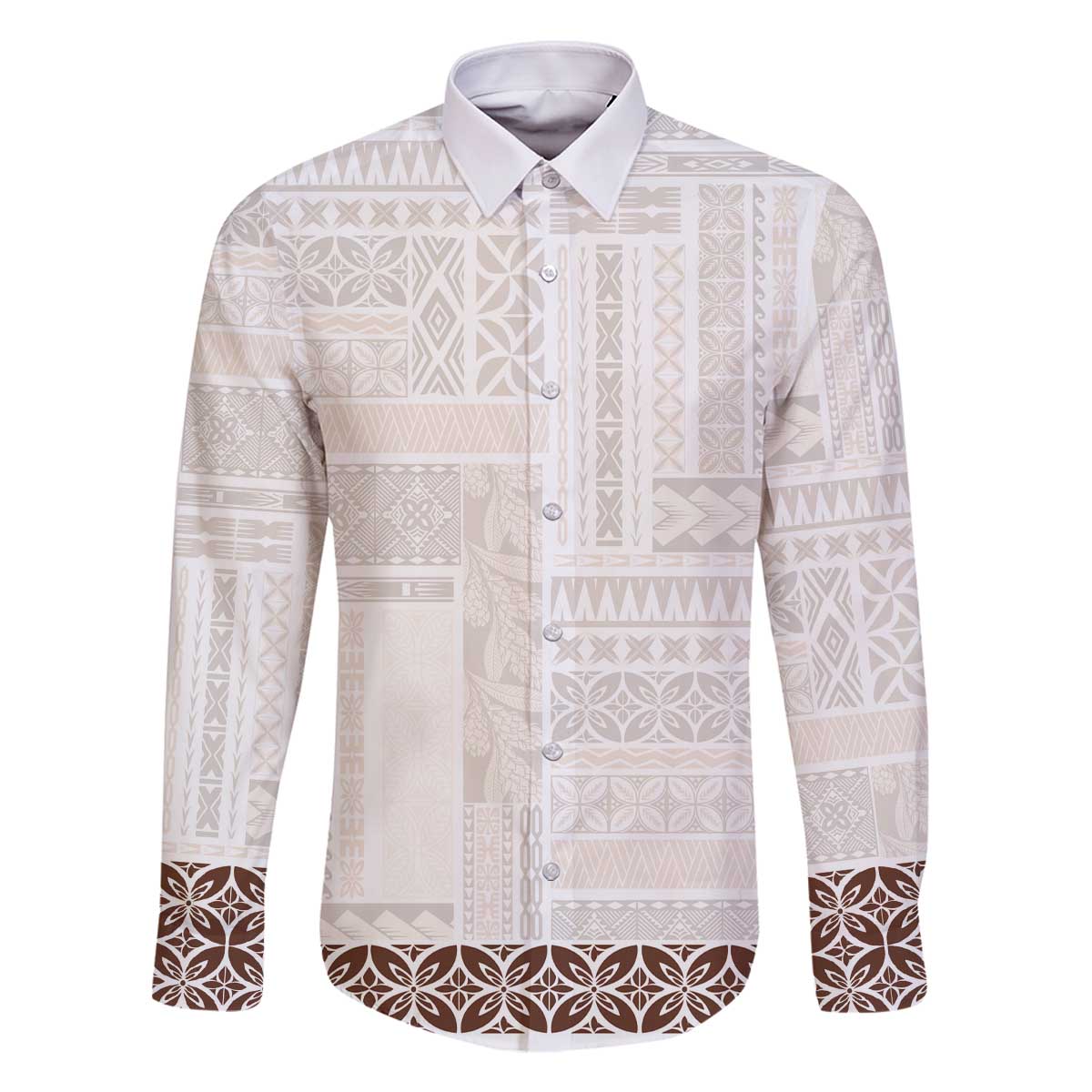 Samoa Siapo Brown Trimmed Family Matching Off The Shoulder Long Sleeve Dress and Hawaiian Shirt Samoa White Sunday - Polynesian Pride
