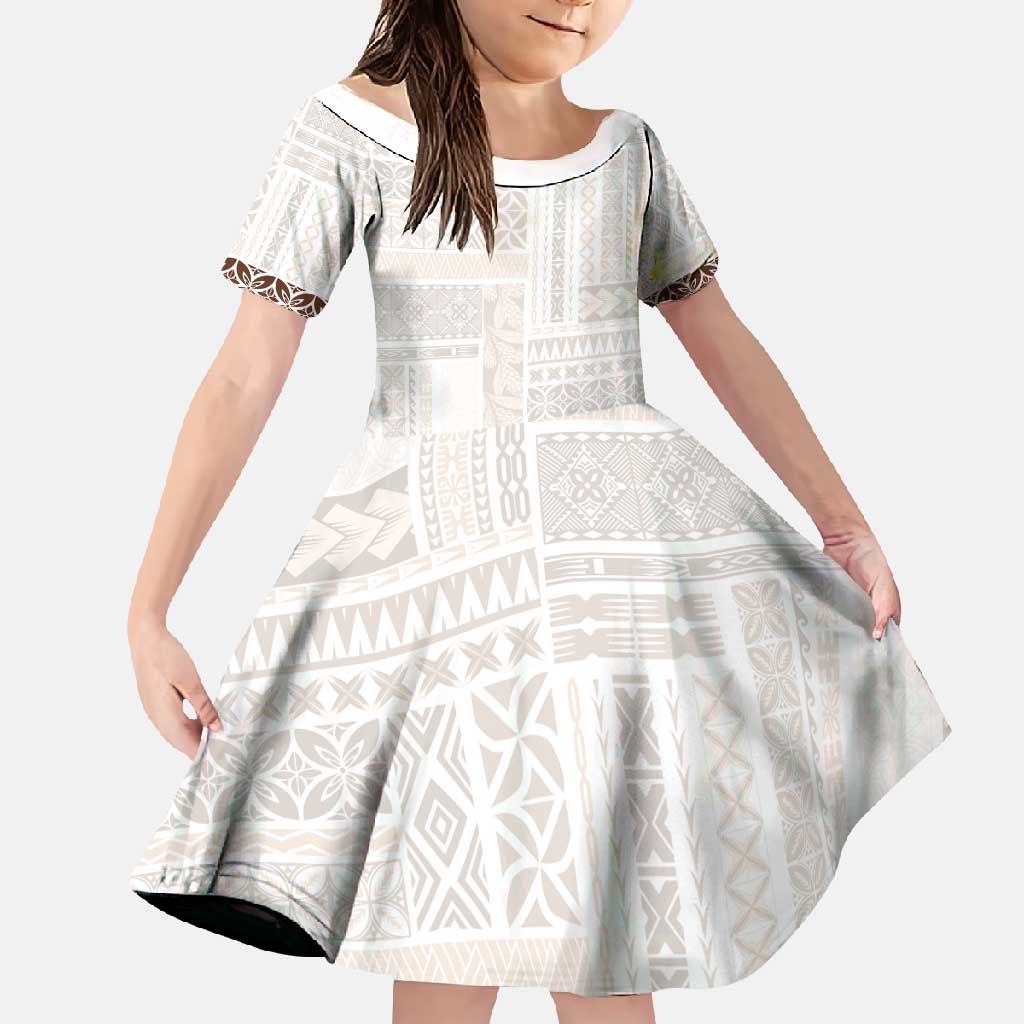 Samoa Siapo Brown Trimmed Family Matching Off Shoulder Maxi Dress and Hawaiian Shirt Samoa White Sunday - Polynesian Pride