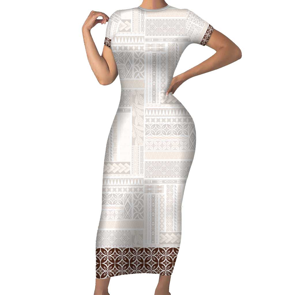Samoa Siapo Brown Trimmed Family Matching Short Sleeve Bodycon Dress and Hawaiian Shirt Samoa White Sunday - Polynesian Pride