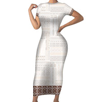 Samoa Siapo Brown Trimmed Family Matching Short Sleeve Bodycon Dress and Hawaiian Shirt Samoa White Sunday - Polynesian Pride