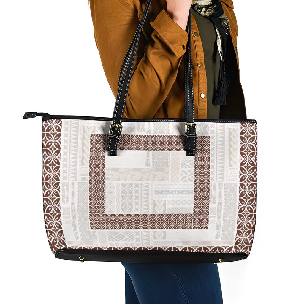 Samoa Siapo Brown Trimmed Leather Tote Bag Samoa White Sunday - Polynesian Pride