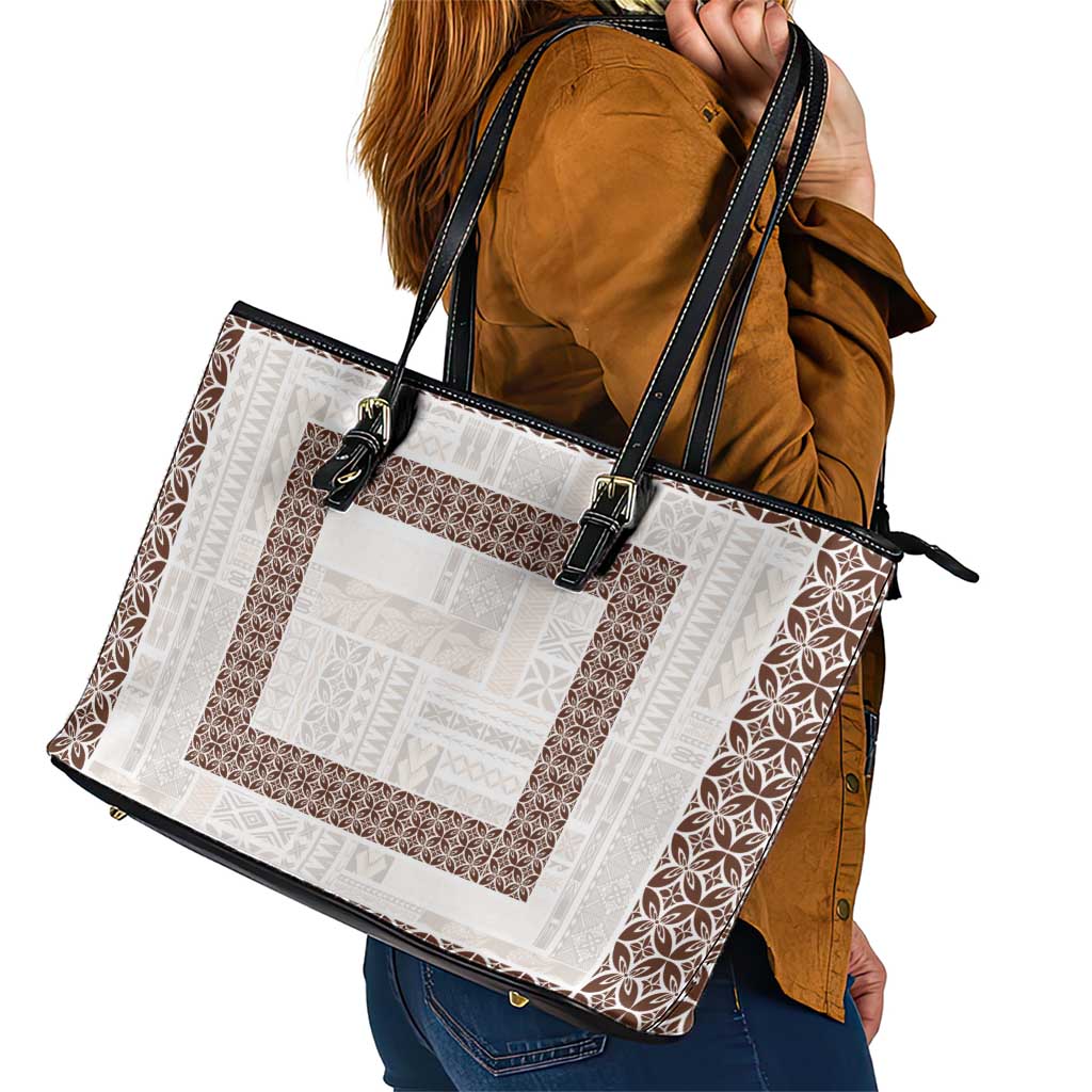 Samoa Siapo Brown Trimmed Leather Tote Bag Samoa White Sunday - Polynesian Pride