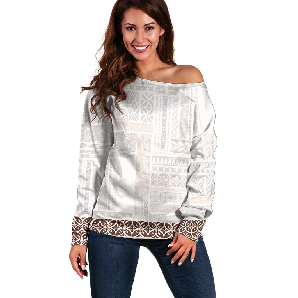 Samoa Siapo Brown Trimmed Off Shoulder Sweater Samoa White Sunday - Polynesian Pride