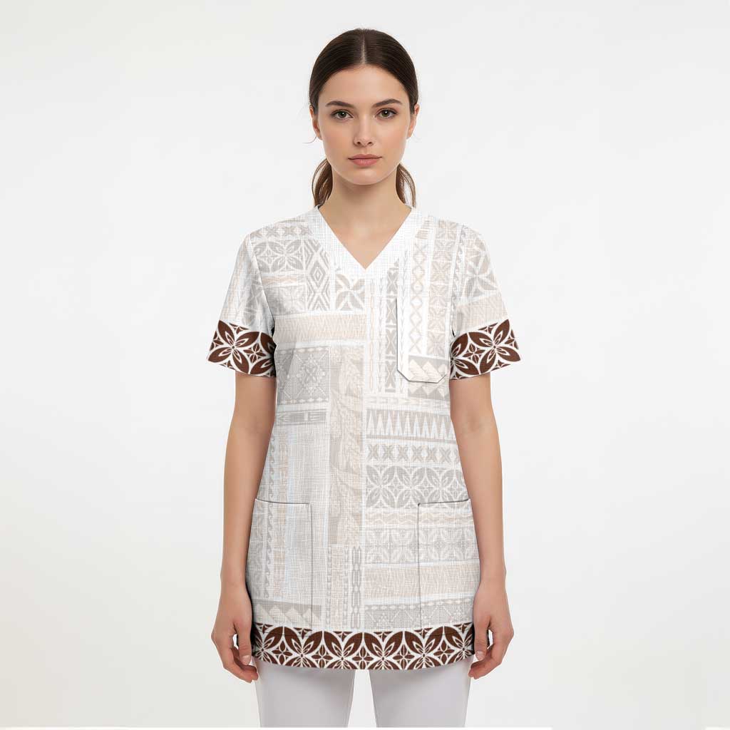 Samoa Siapo Brown Trimmed Scrub Top Samoa White Sunday - Polynesian Pride