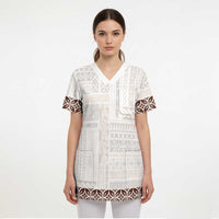 Samoa Siapo Brown Trimmed Scrub Top Samoa White Sunday - Polynesian Pride