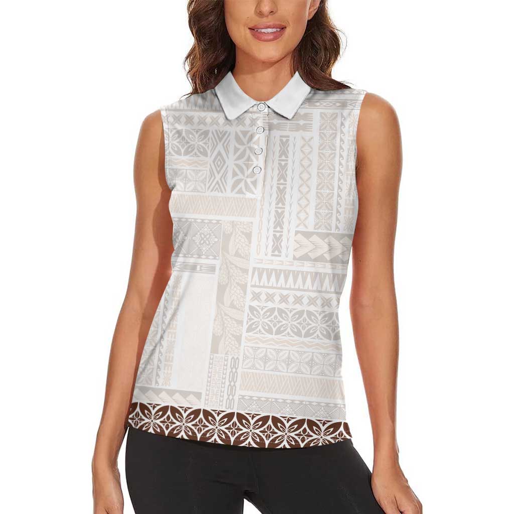 Samoa Siapo Brown Trimmed Women Sleeveless Polo Shirt Samoa White Sunday - Polynesian Pride