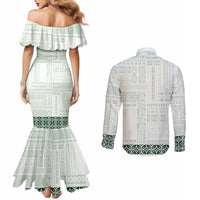 Samoa Siapo Green Trimmed Couples Matching Mermaid Dress and Long Sleeve Button Shirt Samoa White Sunday - Polynesian Pride