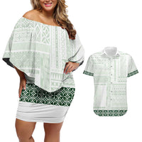 Samoa Siapo Green Trimmed Couples Matching Off Shoulder Short Dress and Hawaiian Shirt Samoa White Sunday LT01 Green - Polynesian Pride