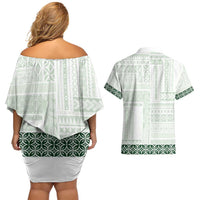 Samoa Siapo Green Trimmed Couples Matching Off Shoulder Short Dress and Hawaiian Shirt Samoa White Sunday LT01 - Polynesian Pride