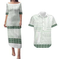 Samoa Siapo Green Trimmed Couples Matching Puletasi and Hawaiian Shirt Samoa White Sunday LT01 Green - Polynesian Pride