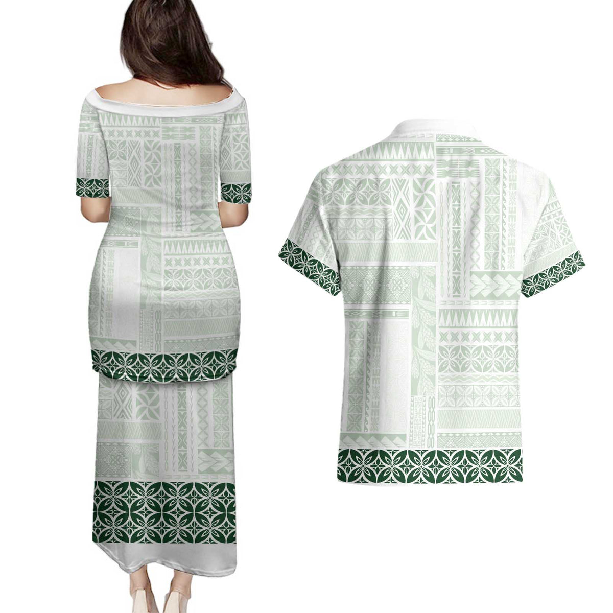 Samoa Siapo Green Trimmed Couples Matching Puletasi and Hawaiian Shirt Samoa White Sunday LT01 - Polynesian Pride