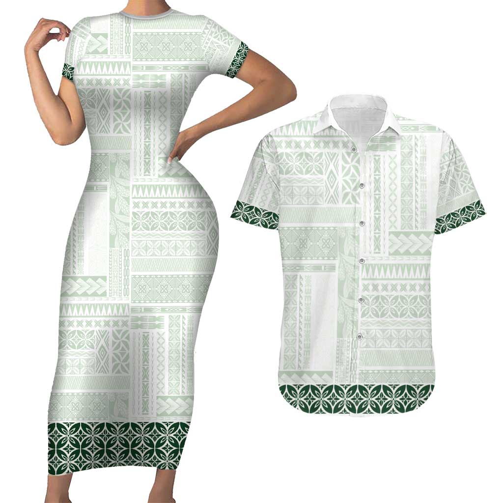 Samoa Siapo Green Trimmed Couples Matching Short Sleeve Bodycon Dress and Hawaiian Shirt Samoa White Sunday - Polynesian Pride