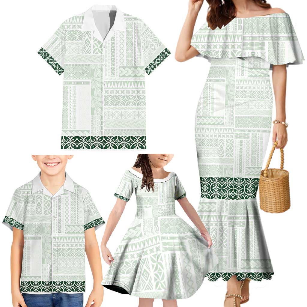 Samoa Siapo Green Trimmed Family Matching Mermaid Dress and Hawaiian Shirt Samoa White Sunday - Polynesian Pride