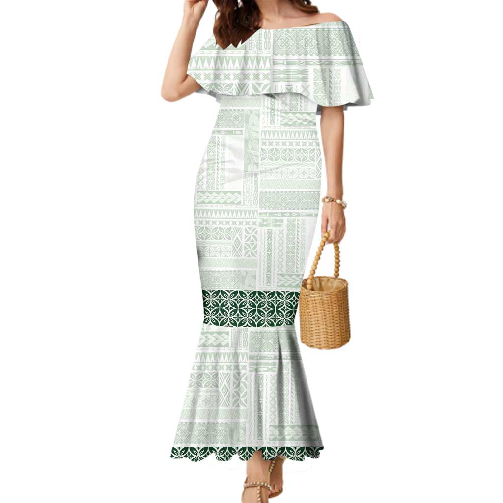 Samoa Siapo Green Trimmed Family Matching Mermaid Dress and Hawaiian Shirt Samoa White Sunday - Polynesian Pride