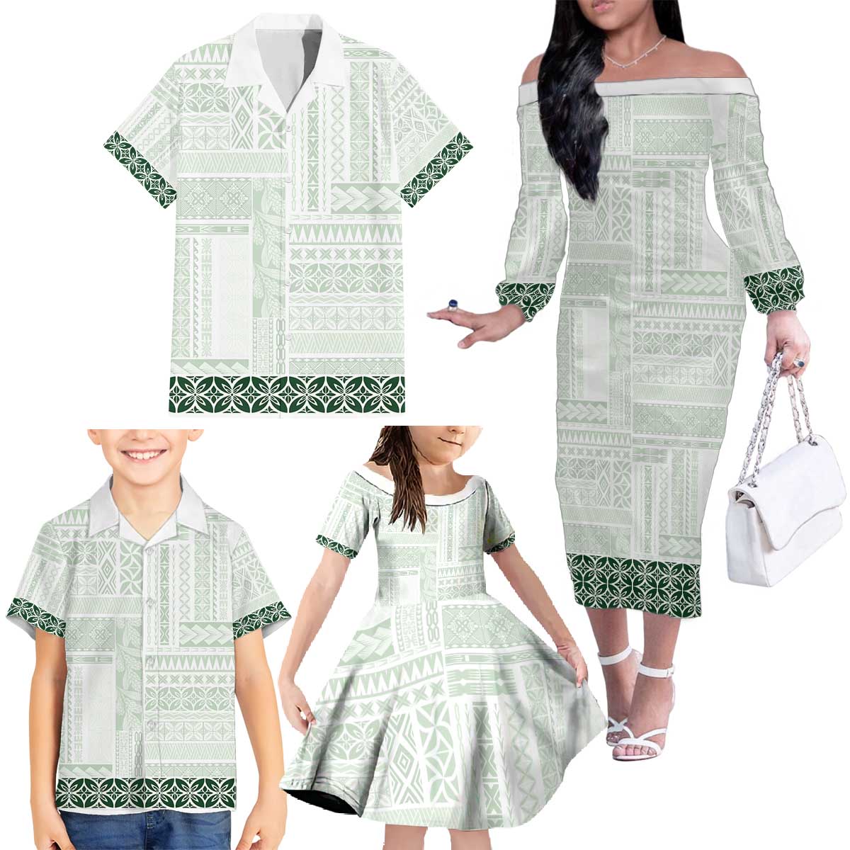 Samoa Siapo Green Trimmed Family Matching Off The Shoulder Long Sleeve Dress and Hawaiian Shirt Samoa White Sunday - Polynesian Pride
