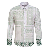Samoa Siapo Green Trimmed Family Matching Off The Shoulder Long Sleeve Dress and Hawaiian Shirt Samoa White Sunday - Polynesian Pride