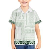 Samoa Siapo Green Trimmed Family Matching Off The Shoulder Long Sleeve Dress and Hawaiian Shirt Samoa White Sunday - Polynesian Pride