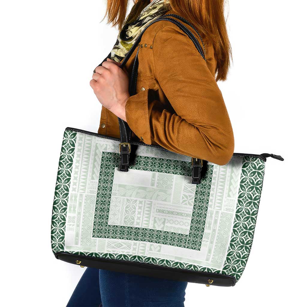 Samoa Siapo Green Trimmed Leather Tote Bag Samoa White Sunday - Polynesian Pride