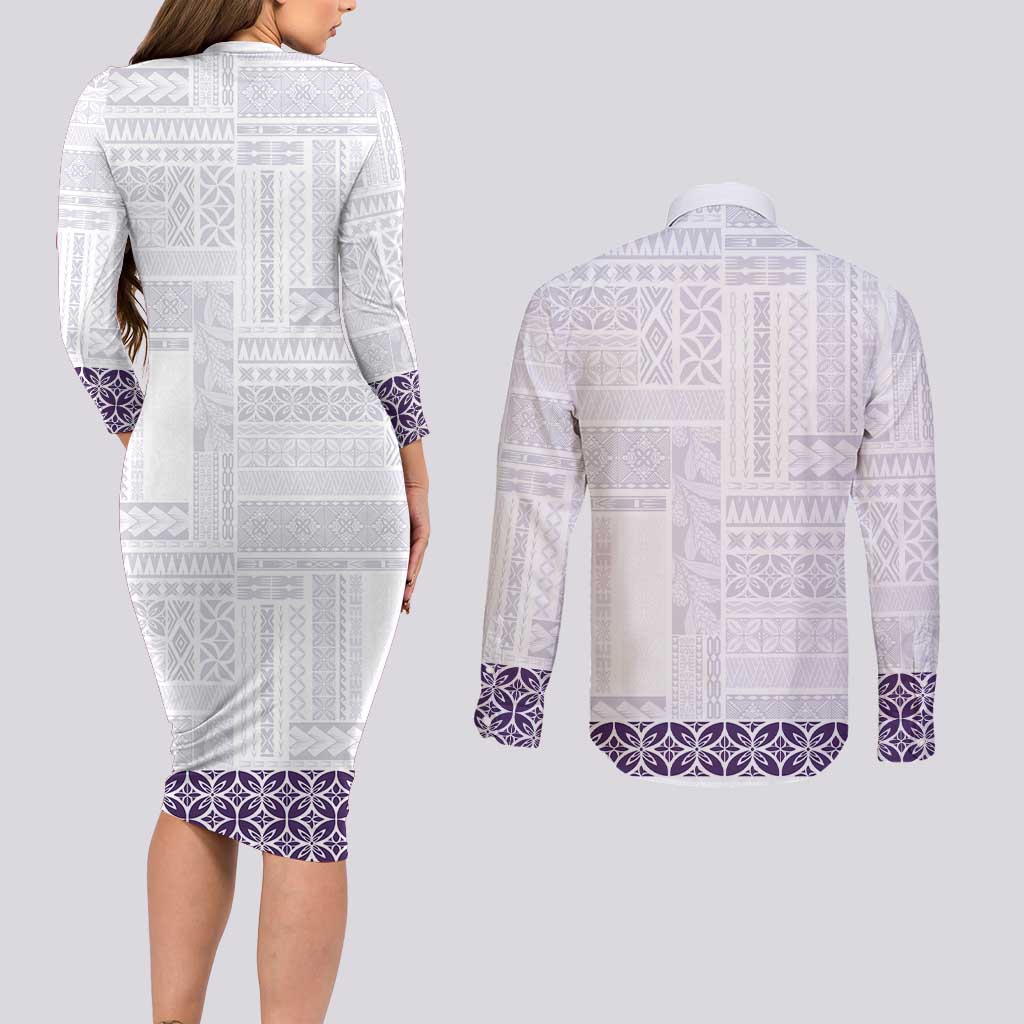Samoa Siapo Purple Trimmed Couples Matching Long Sleeve Bodycon Dress and Long Sleeve Button Shirt Samoa White Sunday - Polynesian Pride