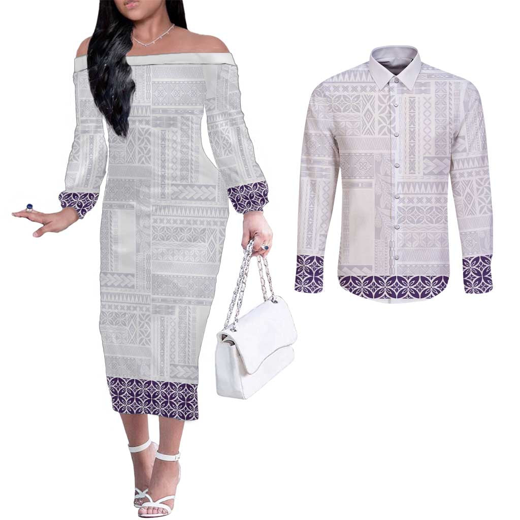 Samoa Siapo Purple Trimmed Couples Matching Off The Shoulder Long Sleeve Dress and Long Sleeve Button Shirt Samoa White Sunday - Polynesian Pride