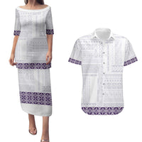Samoa Siapo Purple Trimmed Couples Matching Puletasi and Hawaiian Shirt Samoa White Sunday LT01 Purple - Polynesian Pride