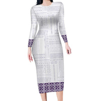 Samoa Siapo Purple Trimmed Family Matching Long Sleeve Bodycon Dress and Hawaiian Shirt Samoa White Sunday - Polynesian Pride