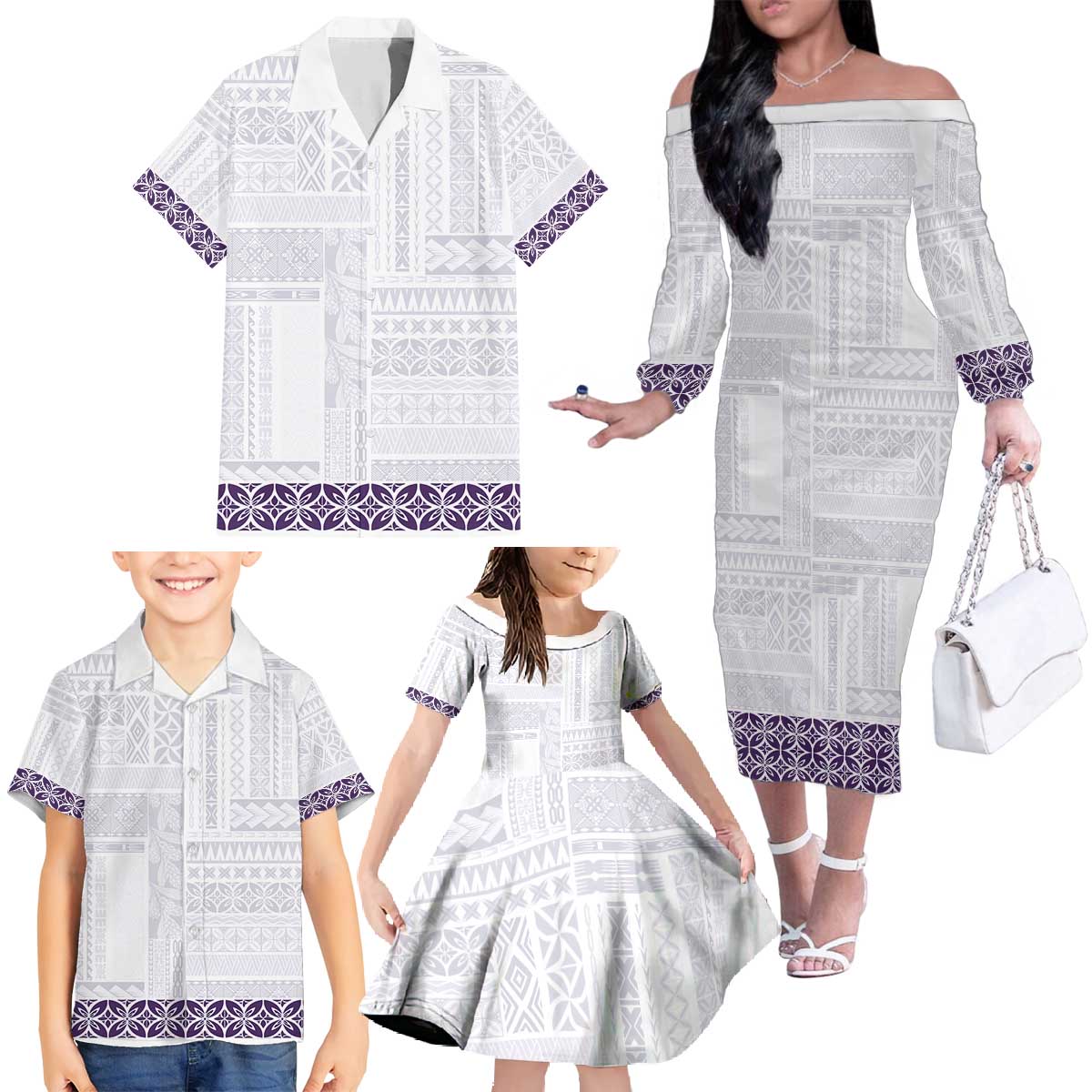 Samoa Siapo Purple Trimmed Family Matching Off The Shoulder Long Sleeve Dress and Hawaiian Shirt Samoa White Sunday LT01 - Polynesian Pride