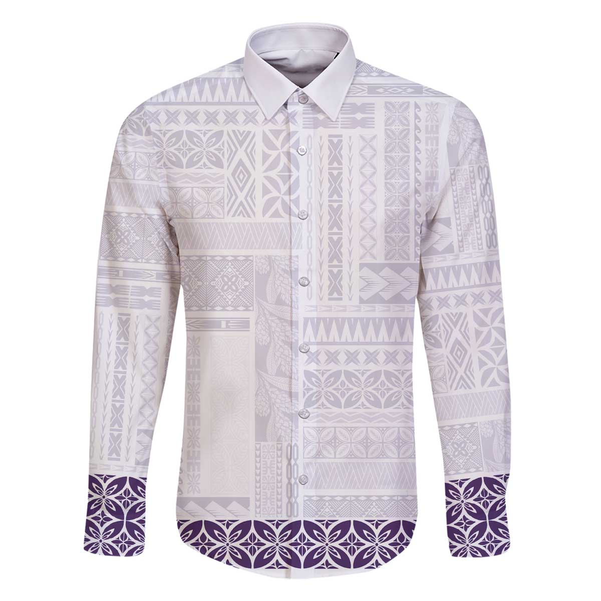 Samoa Siapo Purple Trimmed Family Matching Off The Shoulder Long Sleeve Dress and Hawaiian Shirt Samoa White Sunday LT01 Dad's Shirt - Long Sleeve Purple - Polynesian Pride