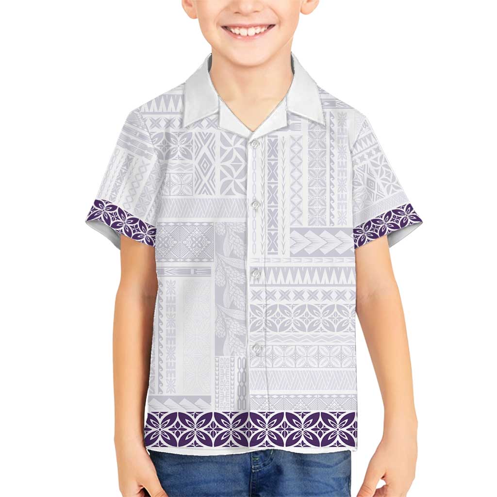 Samoa Siapo Purple Trimmed Family Matching Off Shoulder Maxi Dress and Hawaiian Shirt Samoa White Sunday - Polynesian Pride