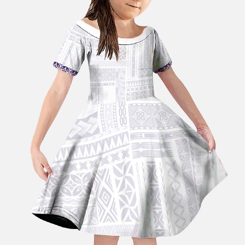 Samoa Siapo Purple Trimmed Family Matching Short Sleeve Bodycon Dress and Hawaiian Shirt Samoa White Sunday - Polynesian Pride