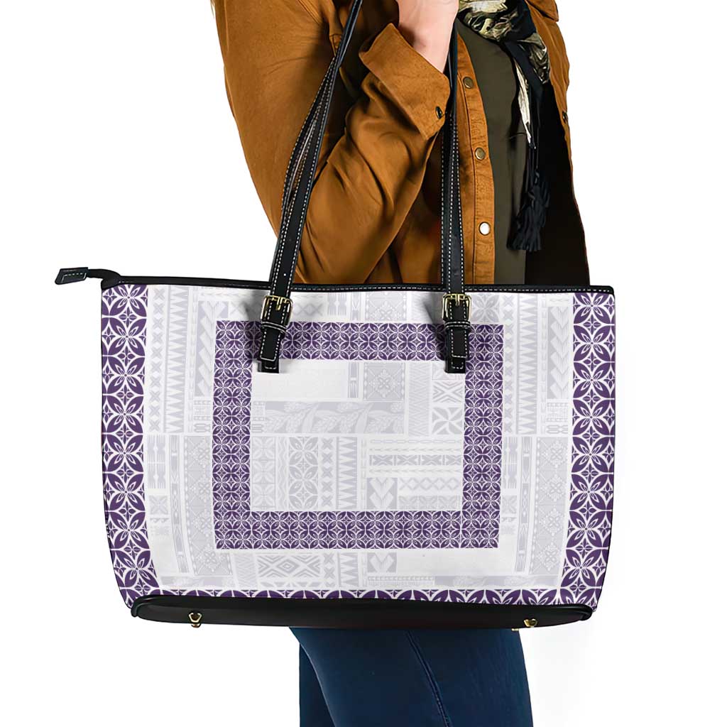 Samoa Siapo Purple Trimmed Leather Tote Bag Samoa White Sunday - Polynesian Pride