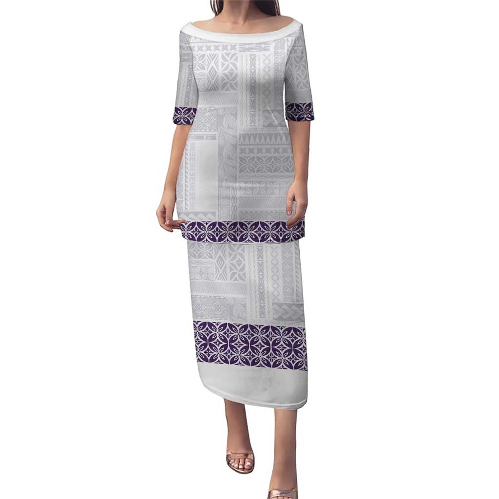 Samoa Siapo Purple Trimmed Puletasi Samoa White Sunday - Polynesian Pride