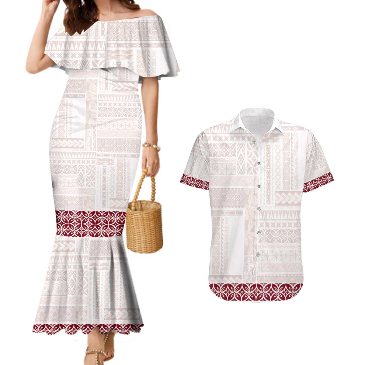 Samoa Siapo Red Trimmed Couples Matching Mermaid Dress and Hawaiian Shirt Samoa White Sunday - Polynesian Pride