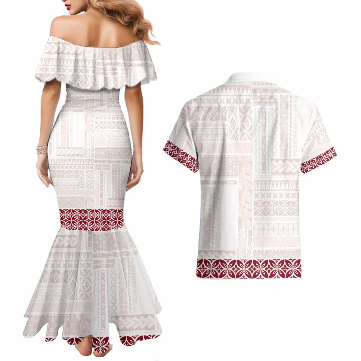 Samoa Siapo Red Trimmed Couples Matching Mermaid Dress and Hawaiian Shirt Samoa White Sunday - Polynesian Pride