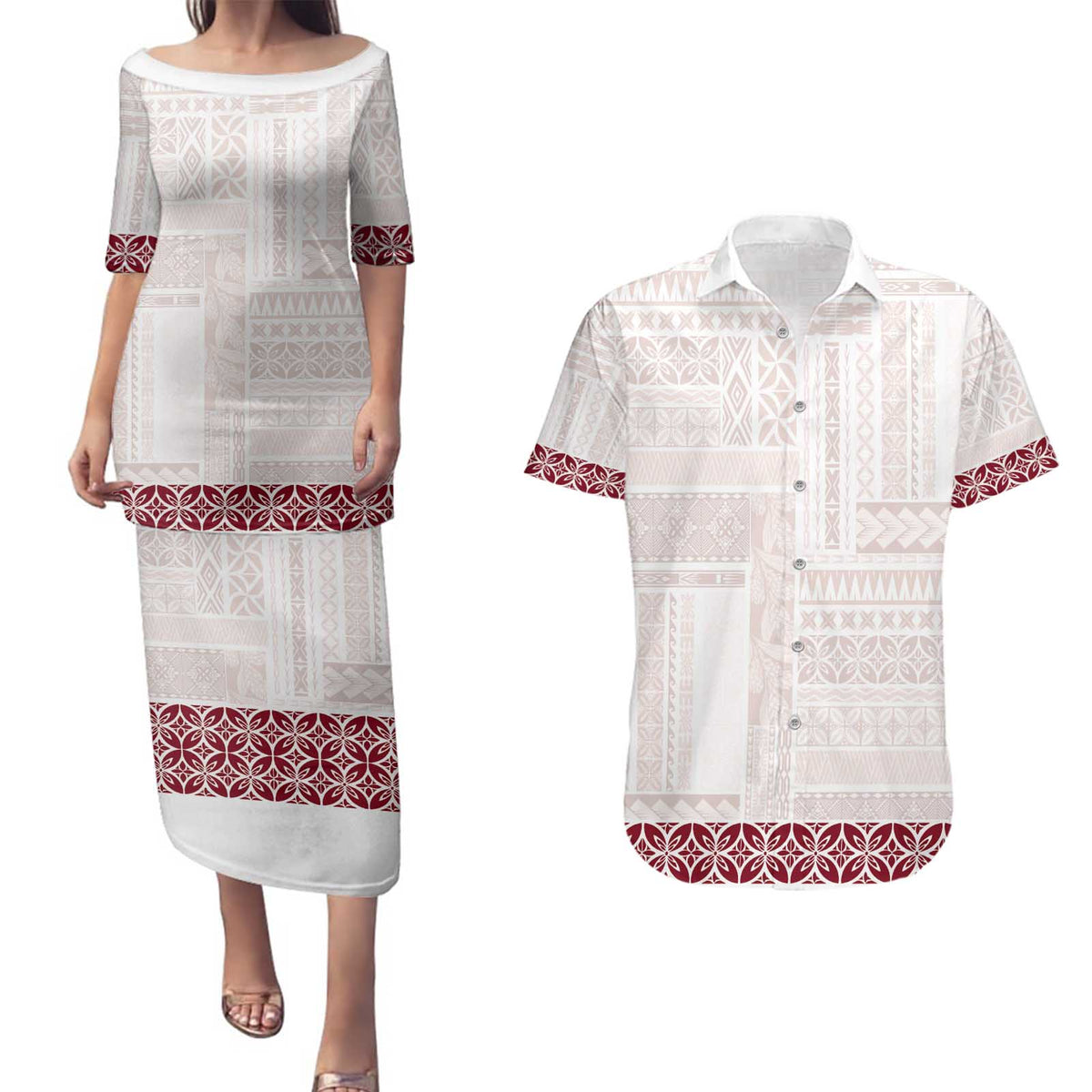 Samoa Siapo Red Trimmed Couples Matching Puletasi and Hawaiian Shirt Samoa White Sunday - Polynesian Pride