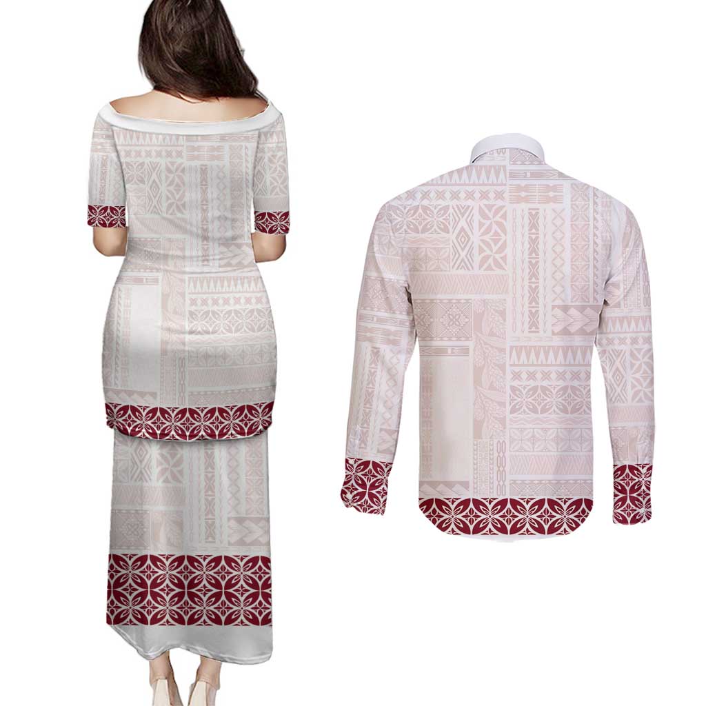 Samoa Siapo Red Trimmed Couples Matching Puletasi and Long Sleeve Button Shirt Samoa White Sunday - Polynesian Pride