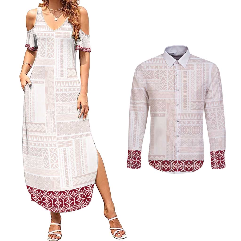 Samoa Siapo Red Trimmed Couples Matching Summer Maxi Dress and Long Sleeve Button Shirt Samoa White Sunday - Polynesian Pride