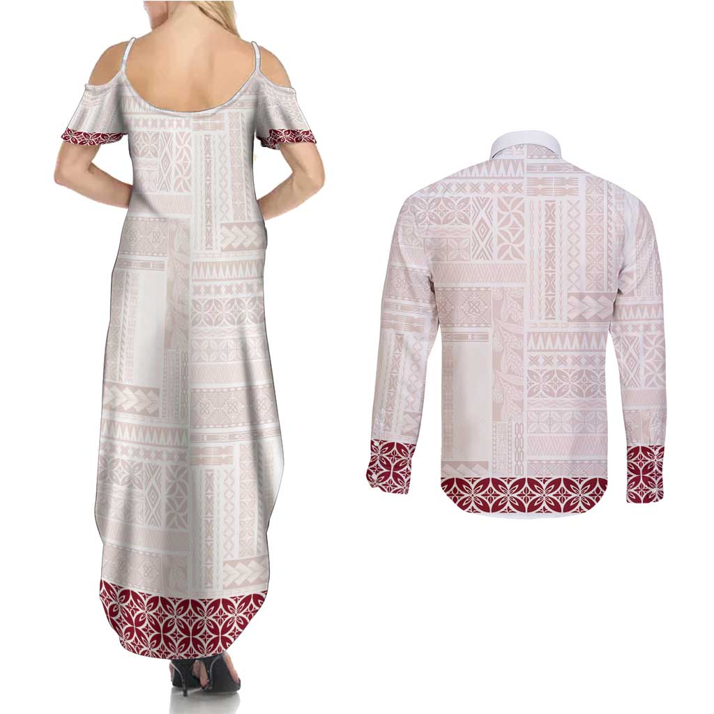 Samoa Siapo Red Trimmed Couples Matching Summer Maxi Dress and Long Sleeve Button Shirt Samoa White Sunday - Polynesian Pride