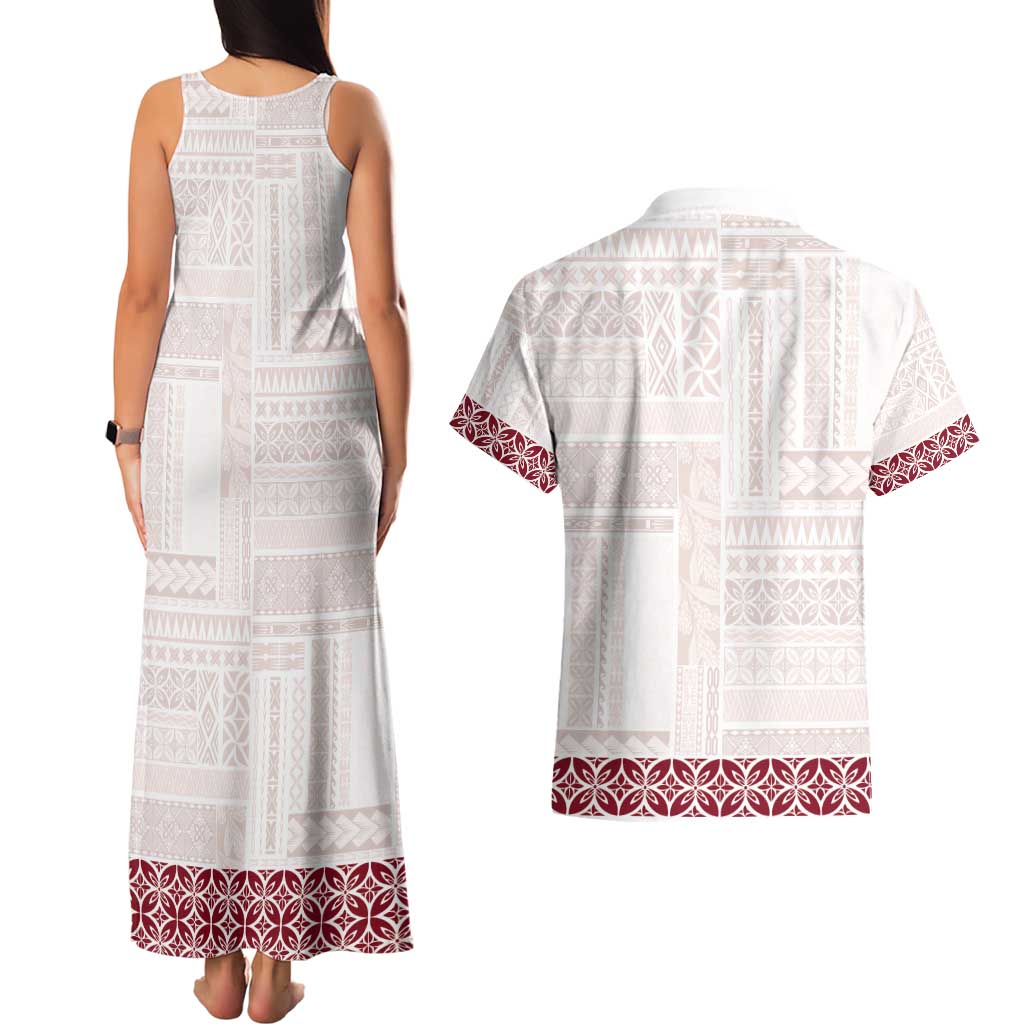 Samoa Siapo Red Trimmed Couples Matching Tank Maxi Dress and Hawaiian Shirt Samoa White Sunday - Polynesian Pride